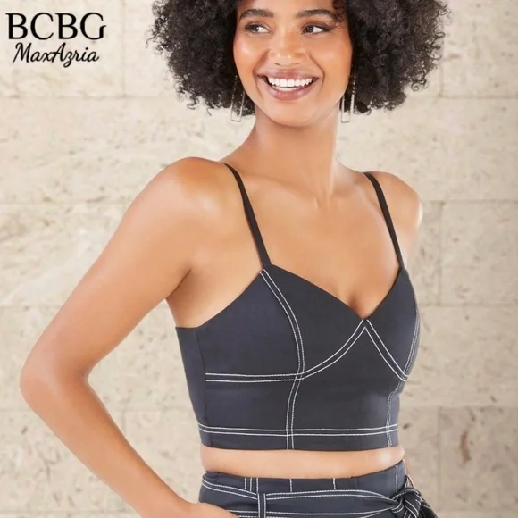 BCBGMAXAZRIA Topstitch Bustier-Style Full Zip Back Crop Top/Dk. Navy/LG NWT